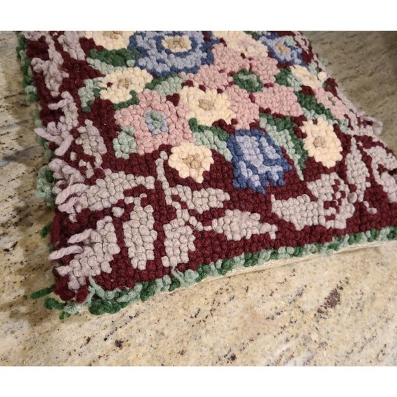 Vintage Wool Hook Handmade Floral Victorian Pillow 17x15" Red Pink Blue Green - Picture 5 of 12